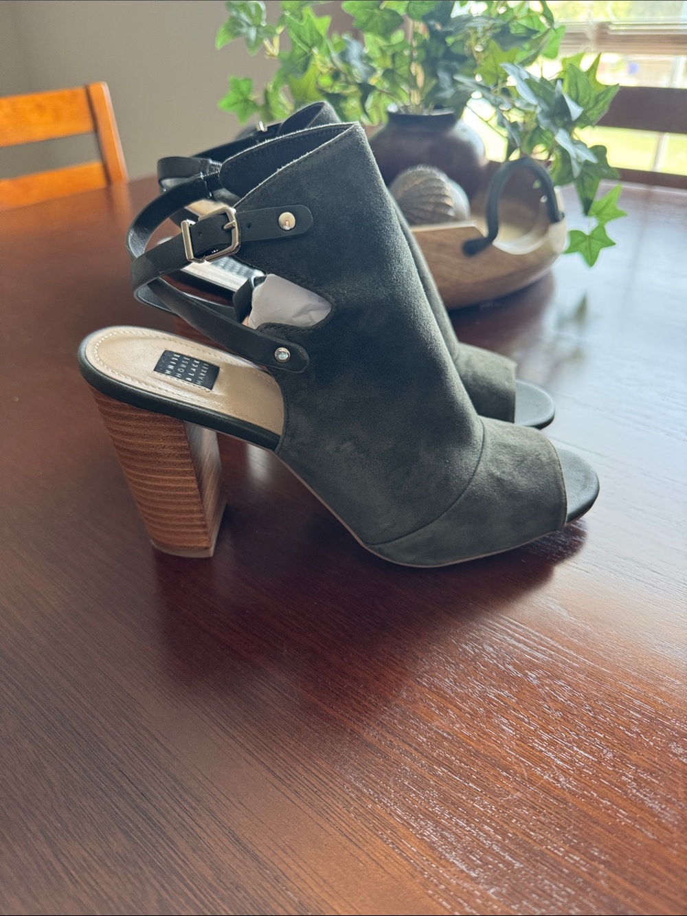 White House Black Market Suede Peep-Toe Block Heel Sandals - Olive Green